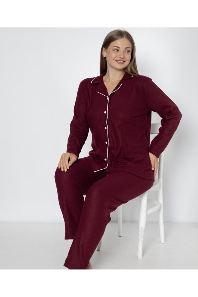 KADIN BORDO BÜYÜK BEDEN ÖNDEN DÜĞMELİ PİJAMA TAKIMI