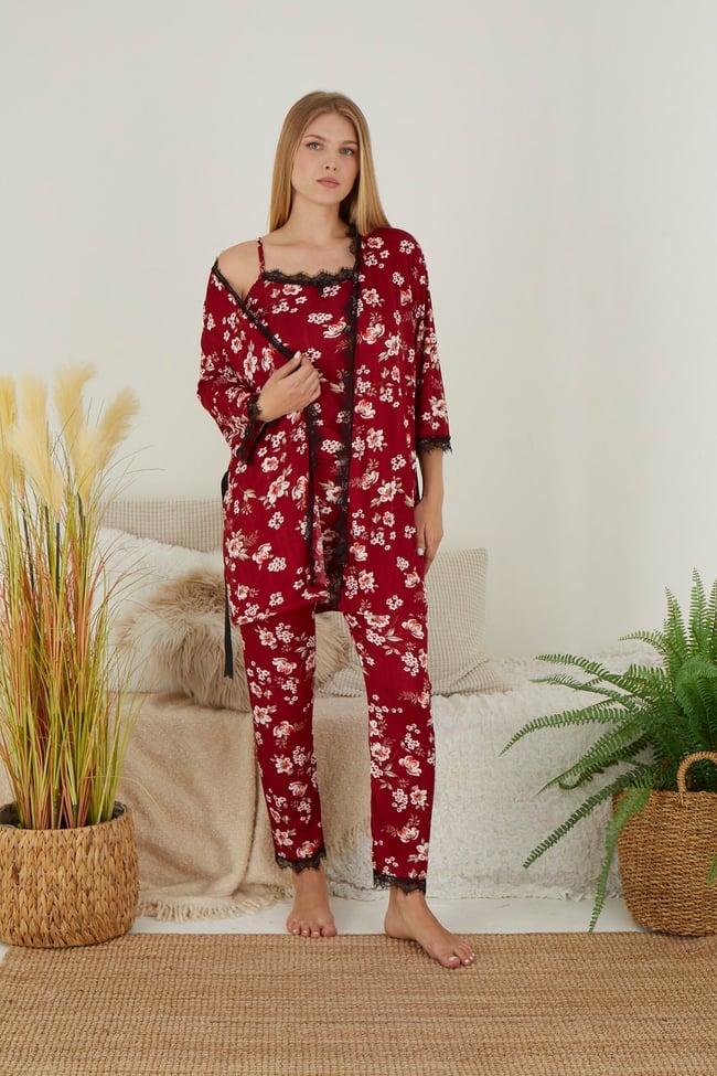 Kadın Bordo Çiçek Baskılı Ip Askılı Altı Uzun Sabahlık 3'lü Set Pijama Takımı.