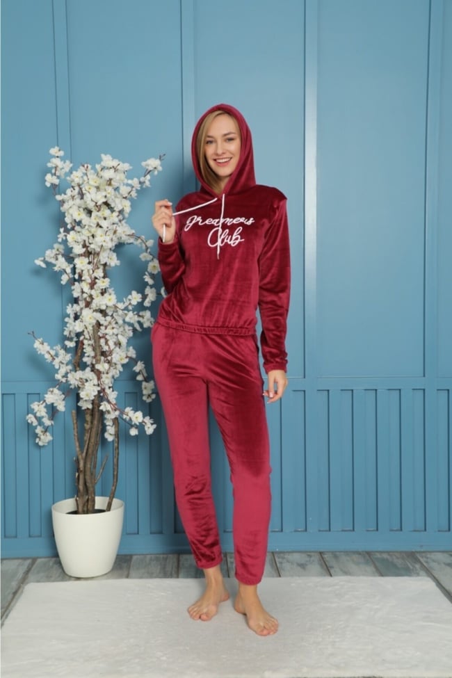 Kadın Bordo Dreamers Club Nakışlı Kapüşonlu Ve Cepli Fransız Kadife Eşofman Takımı