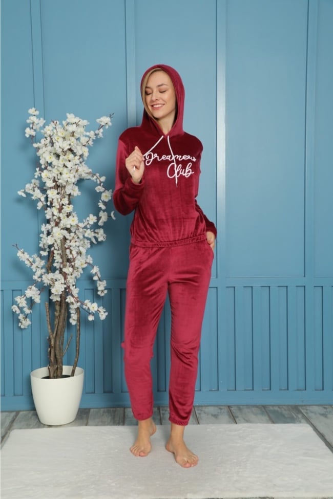 Kadın Bordo Dreamers Club Nakışlı Kapüşonlu Ve Cepli Fransız Kadife Eşofman Takımı