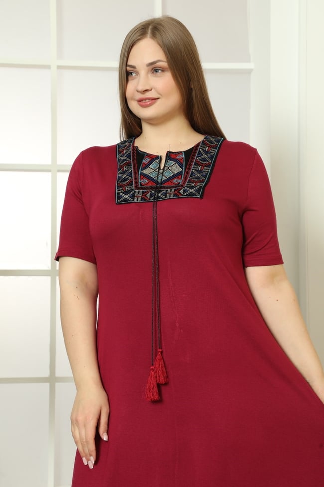 Kadın Bordo Etnik Yakalı Asimetrik Etek Detaylı Elbise