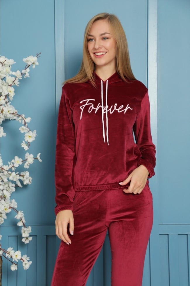 Kadın Bordo Forever Nakışlı Kapüşonlu Ve Cepli Fransız Kadife Eşofman Takımı
