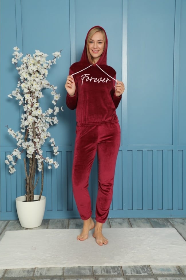 Kadın Bordo Forever Nakışlı Kapüşonlu Ve Cepli Fransız Kadife Eşofman Takımı
