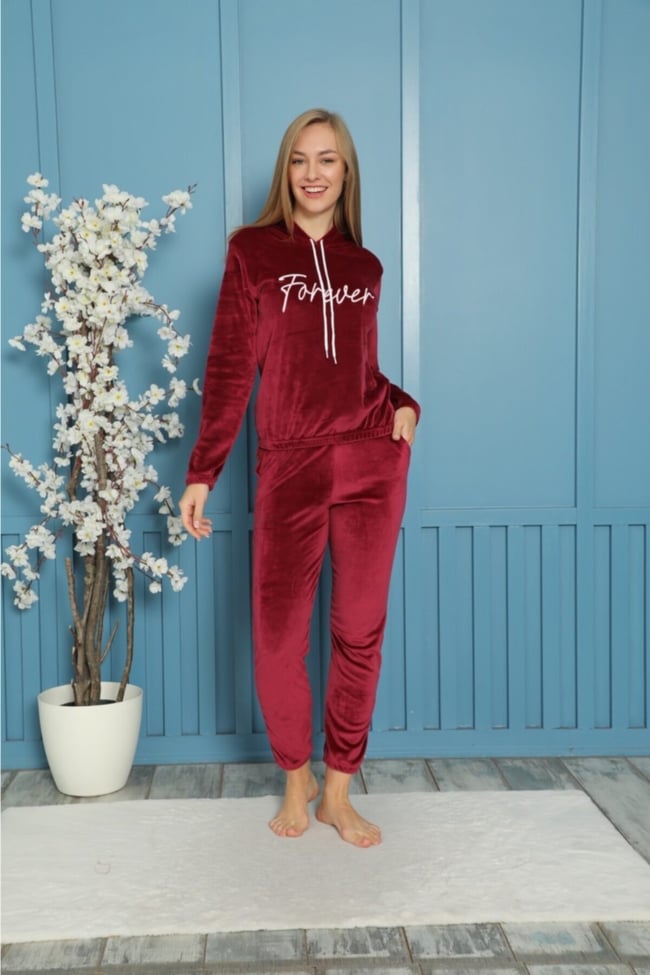 Kadın Bordo Forever Nakışlı Kapüşonlu Ve Cepli Fransız Kadife Eşofman Takımı