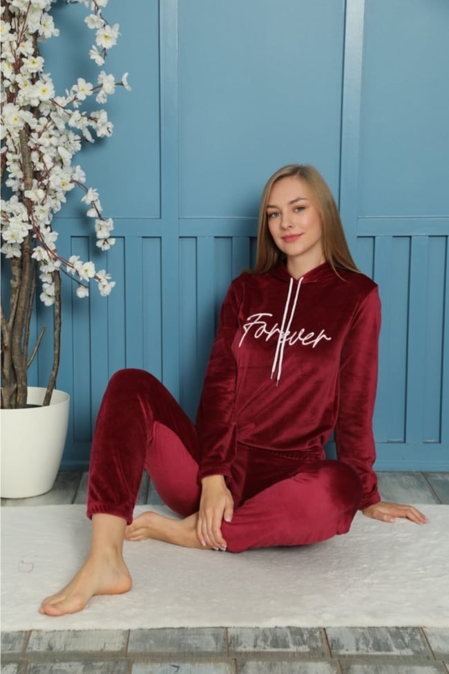 Kadın Bordo Forever Nakışlı Kapüşonlu Ve Cepli Fransız Kadife Eşofman Takımı