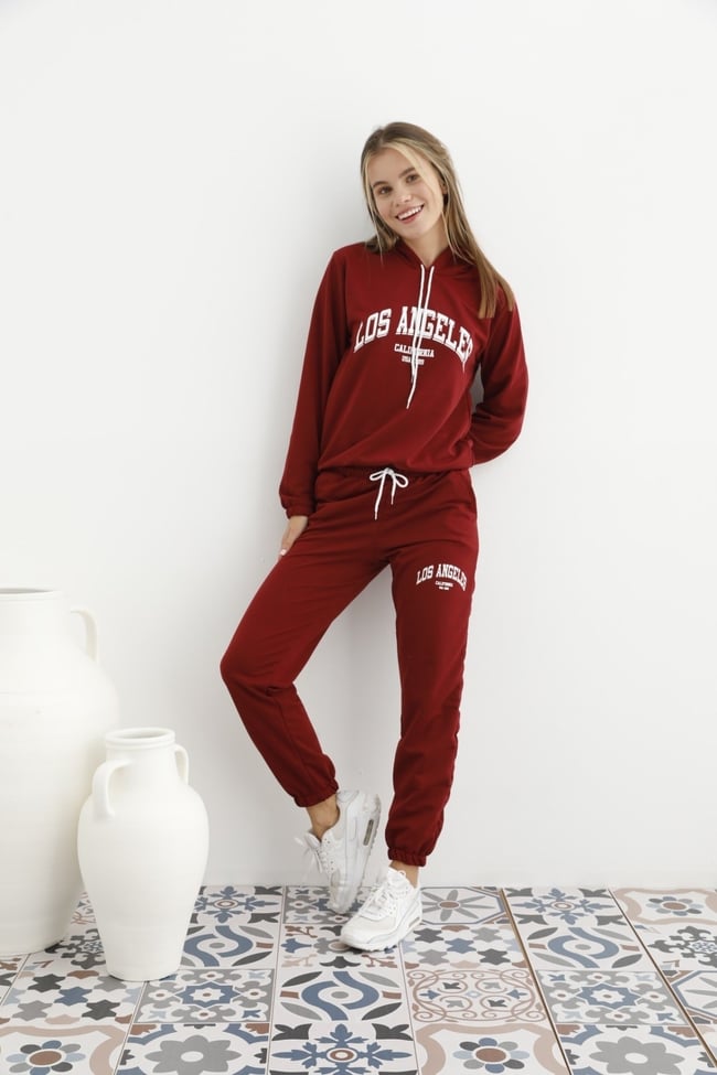 Kadın Bordo Los Angeles Baskılı Kapüşonlu Ve Cepli Eşofman Takımı
