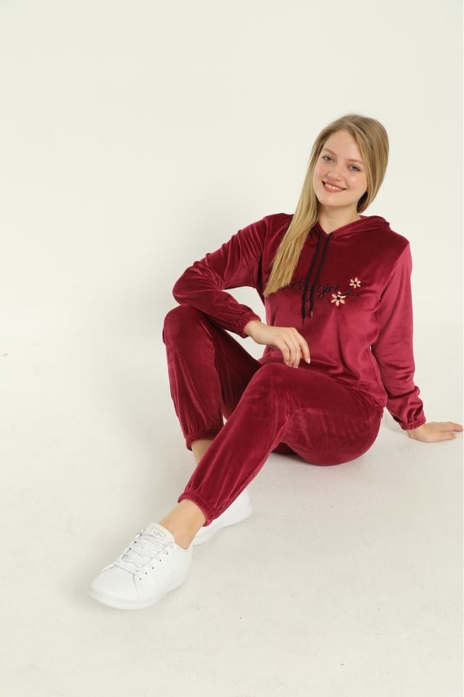 Kadın Bordo Lovely Girl Nakışlı Kapüşonlu Ve Cepli Fransız Kadife Eşofman Takımı