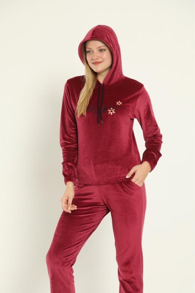 Kadın Bordo Lovely Girl Nakışlı Kapüşonlu Ve Cepli Fransız Kadife Eşofman Takımı