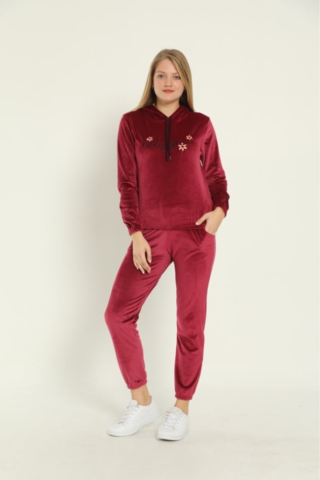 Kadın Bordo Lovely Girl Nakışlı Kapüşonlu Ve Cepli Fransız Kadife Eşofman Takımı