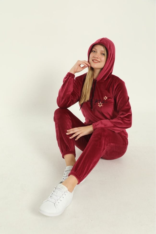 Kadın Bordo Lovely Girl Nakışlı Kapüşonlu Ve Cepli Fransız Kadife Eşofman Takımı