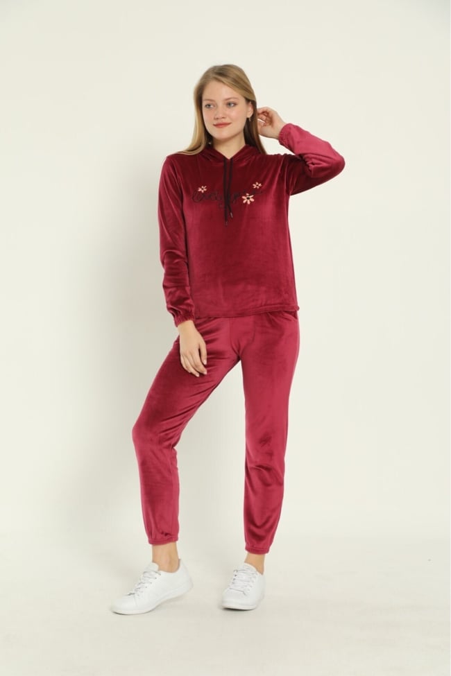 Kadın Bordo Lovely Girl Nakışlı Kapüşonlu Ve Cepli Fransız Kadife Eşofman Takımı