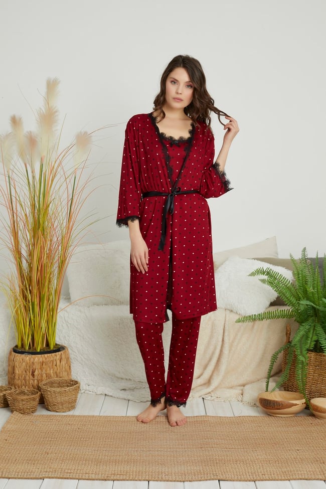 Kadın Bordo Minik Kalp Baskılı Sabahlıklı 3 'lü Set Pegasus Pijama Takımı.