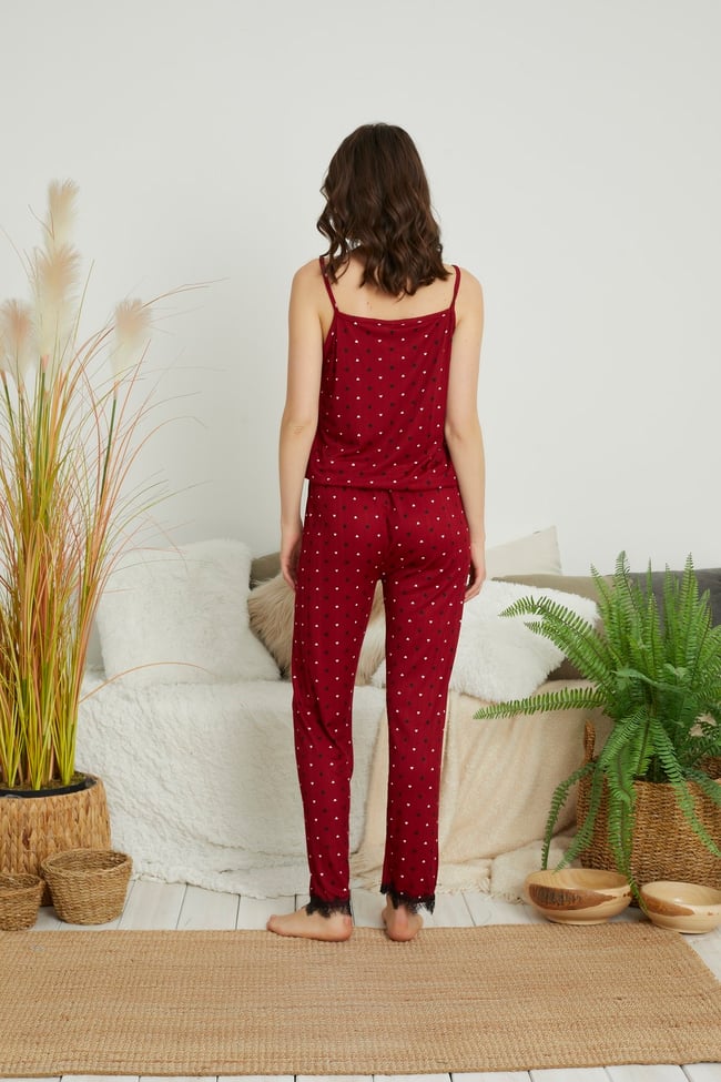 Kadın Bordo Minik Kalp Baskılı Sabahlıklı 3 'lü Set Pegasus Pijama Takımı.