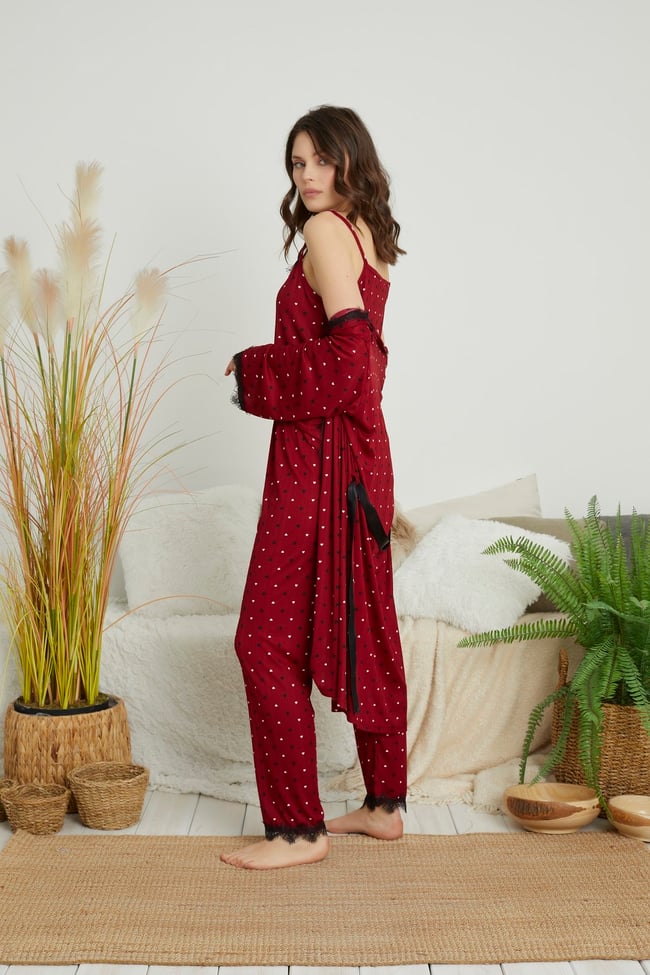 Kadın Bordo Minik Kalp Baskılı Sabahlıklı 3 'lü Set Pegasus Pijama Takımı.
