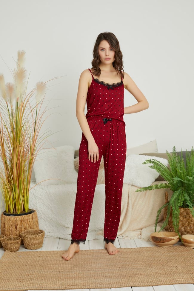 Kadın Bordo Minik Kalp Baskılı Sabahlıklı 3 'lü Set Pegasus Pijama Takımı.