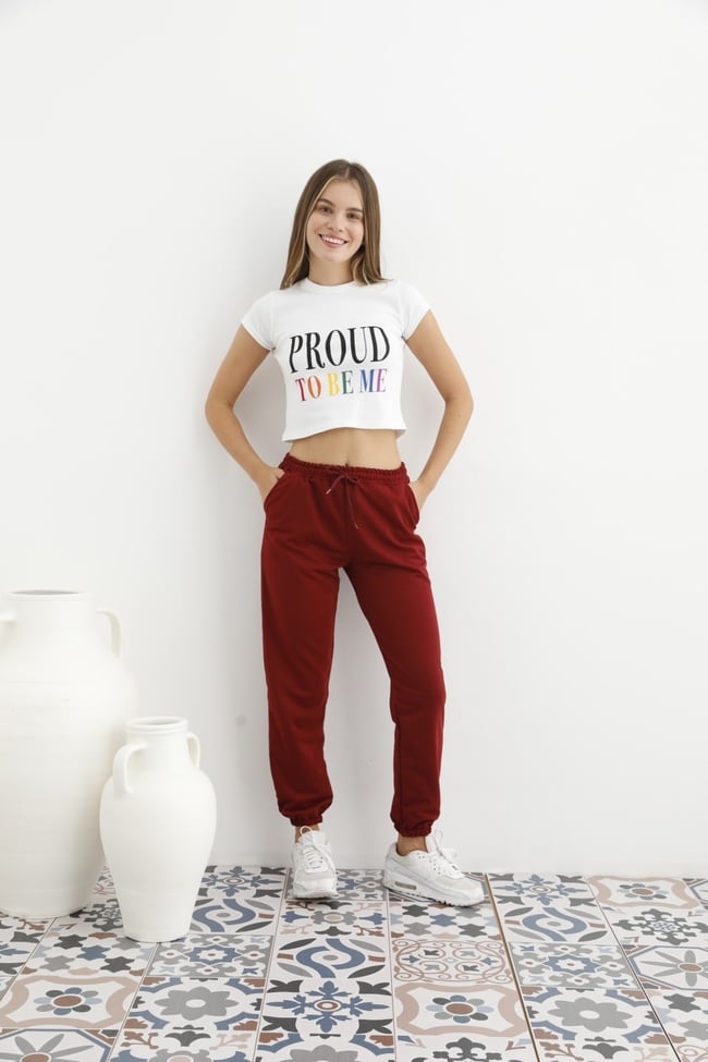 Kadın Bordo Paçası Ve Beli Lastikli Cepli Eşofman Altı