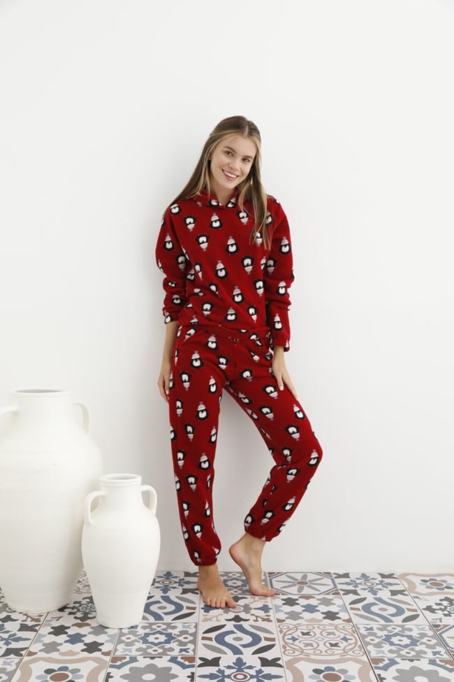 Kadın Bordo Penguen Desenli Kapüşonlu Polar Pijama Takımı