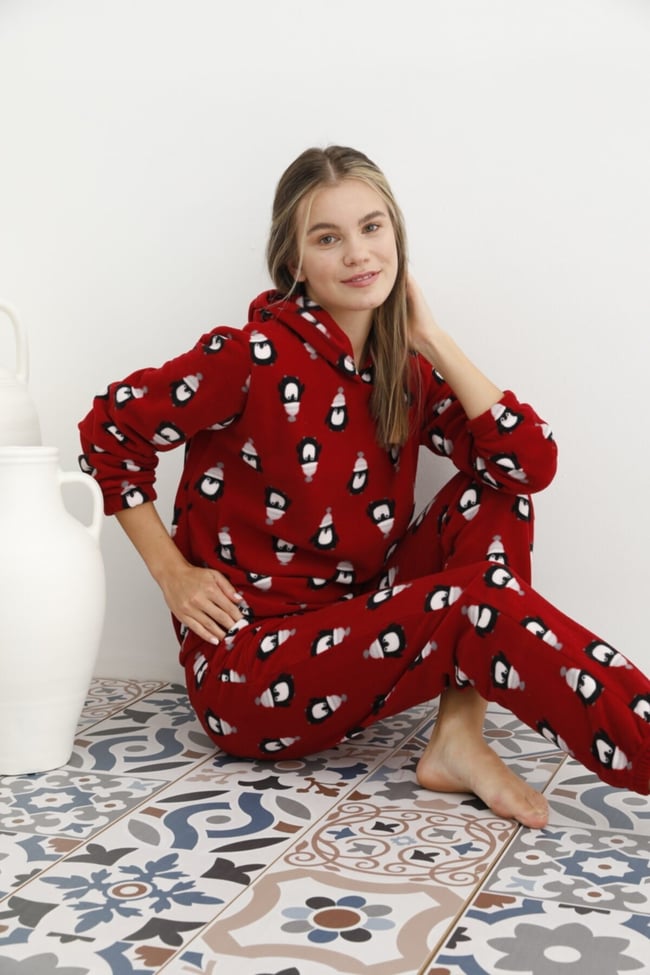 Kadın Bordo Penguen Desenli Kapüşonlu Polar Pijama Takımı
