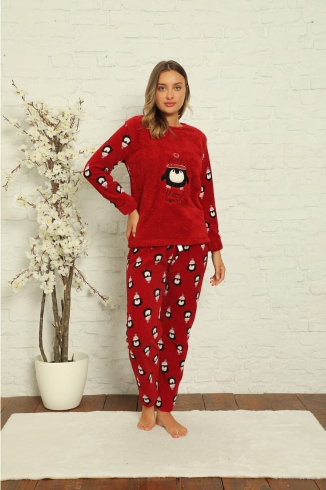 Kadın Bordo Penguen Desenli Polar Peluş Pijama Takımı