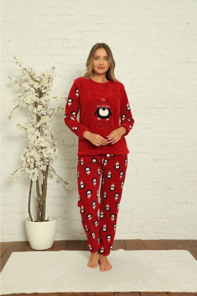 Kadın Bordo Penguen Desenli Polar Peluş Pijama Takımı