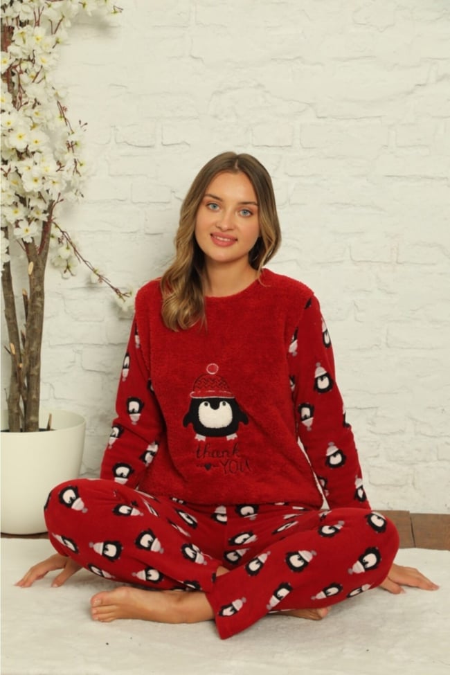 Kadın Bordo Penguen Desenli Polar Peluş Pijama Takımı