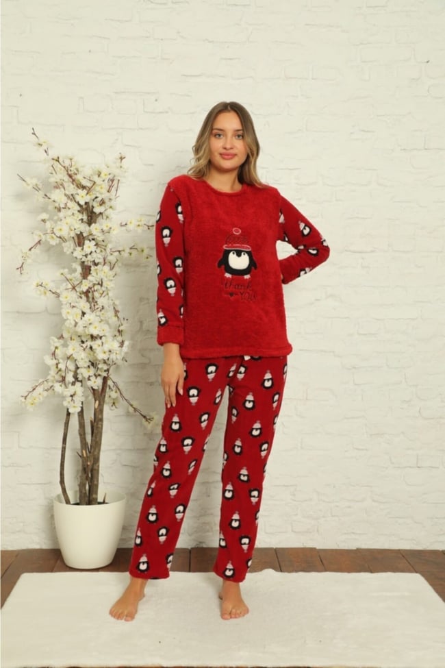 Kadın Bordo Penguen Desenli Polar Peluş Pijama Takımı