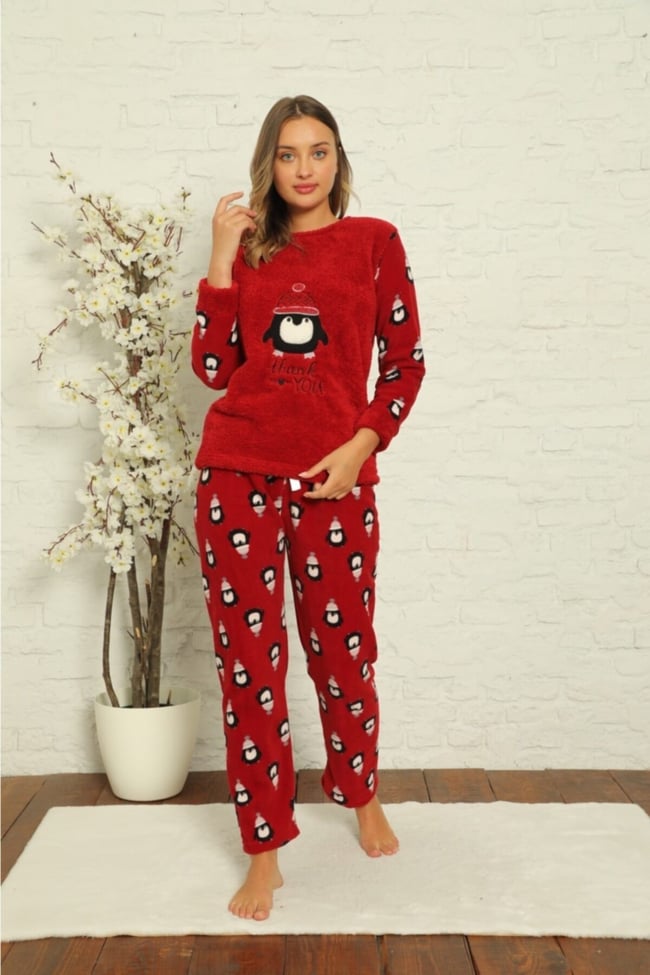 Kadın Bordo Penguen Desenli Polar Peluş Pijama Takımı