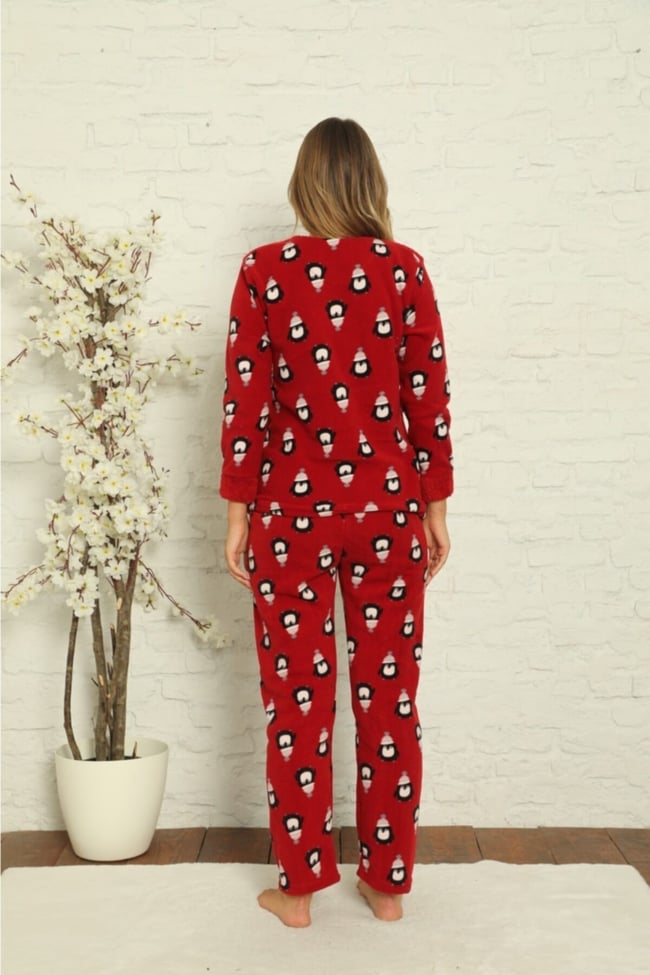 Kadın Bordo Penguen Desenli Polar Peluş Pijama Takımı