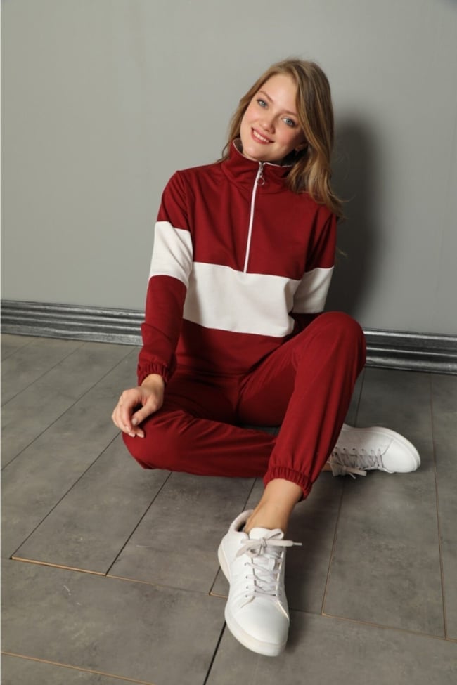 Kadın Bordo Yarım Fermuarlu Şeritli Iki Iplik Pijama Takımı