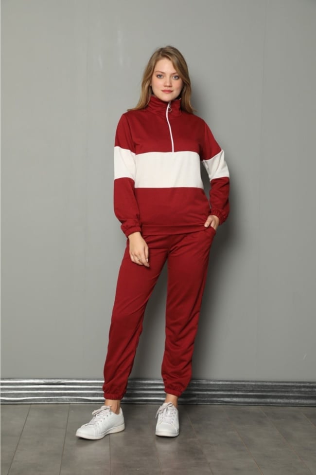 Kadın Bordo Yarım Fermuarlu Şeritli Iki Iplik Pijama Takımı