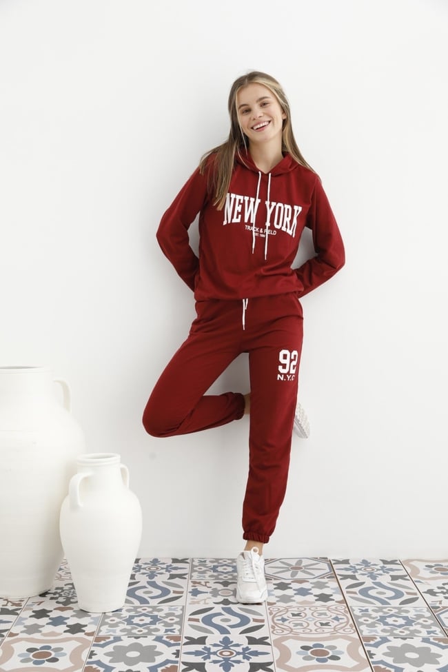 Kadın Bordo Yeşili New York Baskılı Kapüşonlu Ve Cepli Eşofman Takımı