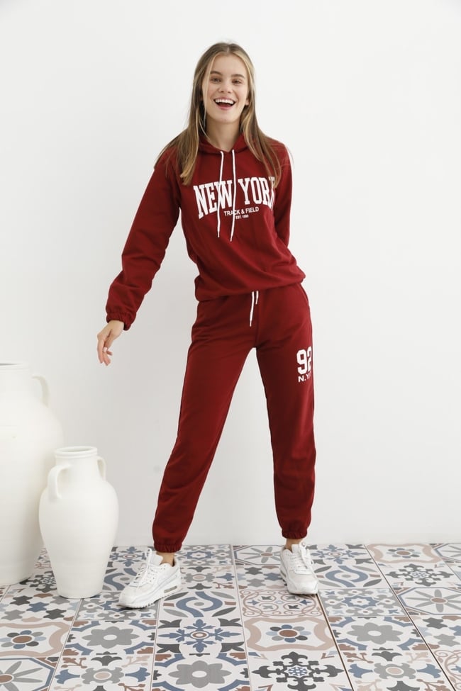 Kadın Bordo Yeşili New York Baskılı Kapüşonlu Ve Cepli Eşofman Takımı