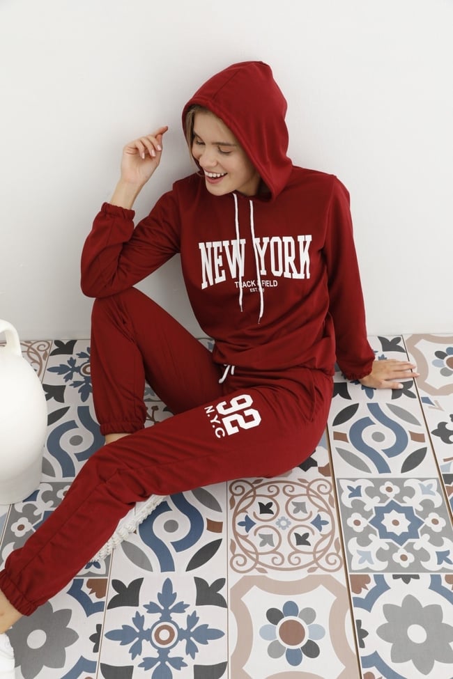 Kadın Bordo Yeşili New York Baskılı Kapüşonlu Ve Cepli Eşofman Takımı