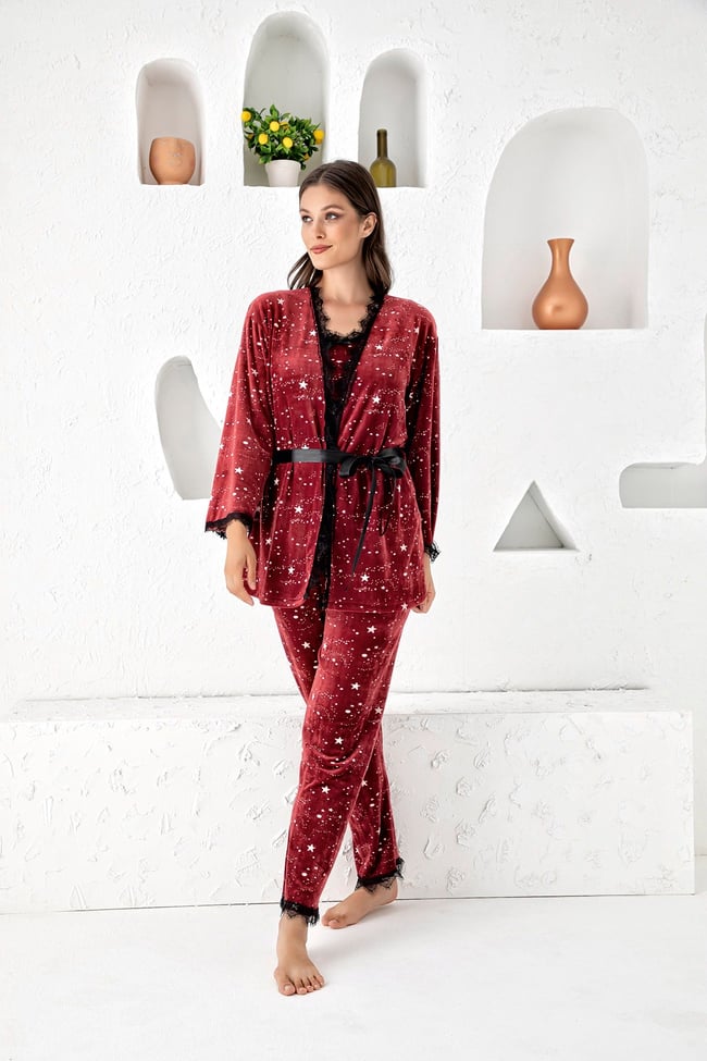 Kadın Bordo Yıldız Baskılı Fransız Kadife Ip Askılı Altı Uzun Sabahlıklı 3'lü Pijama Takımı Set
