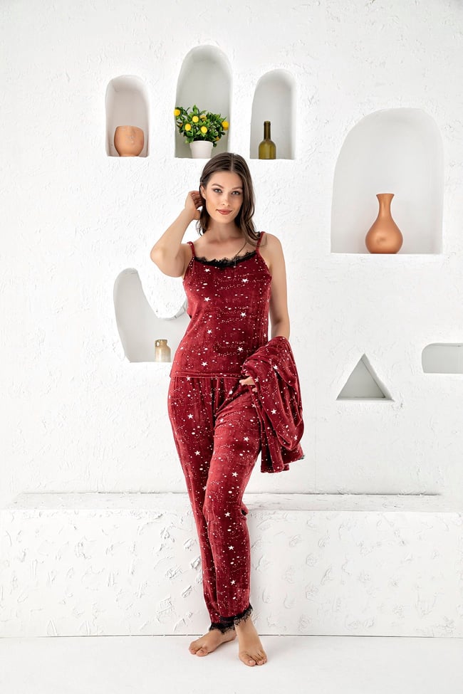 Kadın Bordo Yıldız Baskılı Fransız Kadife Ip Askılı Altı Uzun Sabahlıklı 3'lü Pijama Takımı Set