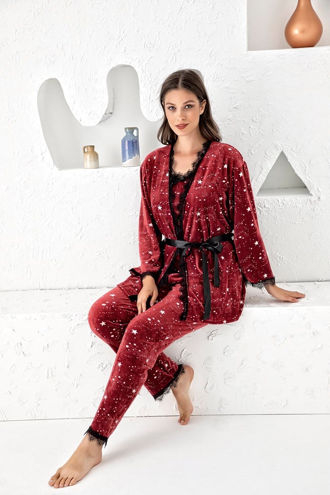 Kadın Bordo Yıldız Baskılı Fransız Kadife Ip Askılı Altı Uzun Sabahlıklı 3'lü Pijama Takımı Set
