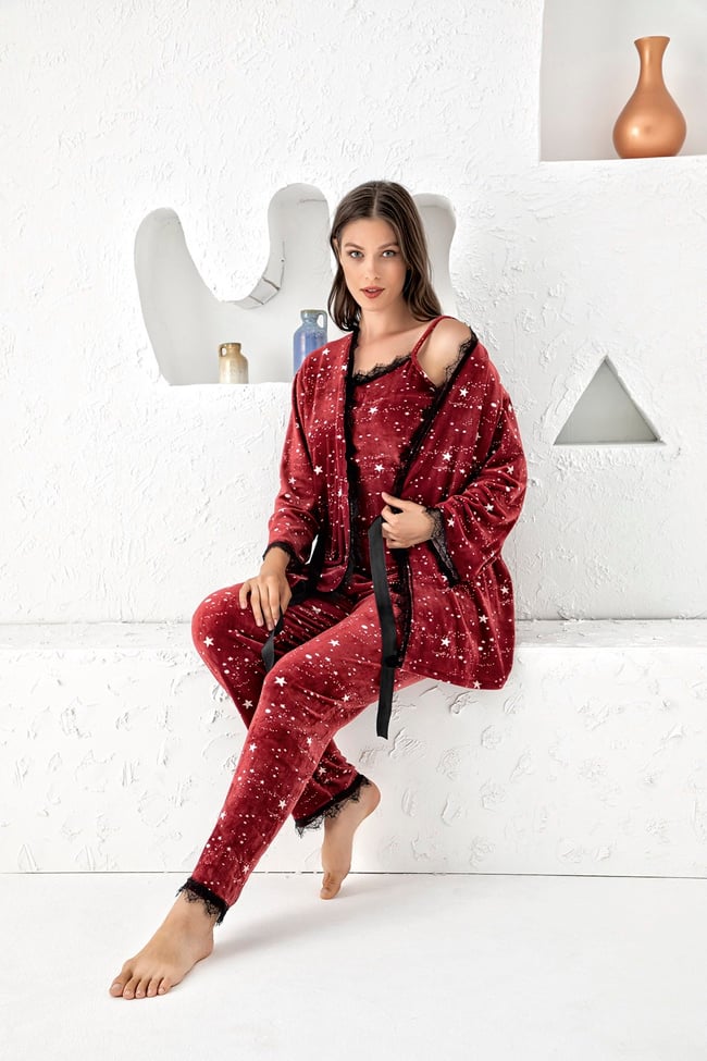 Kadın Bordo Yıldız Baskılı Fransız Kadife Ip Askılı Altı Uzun Sabahlıklı 3'lü Pijama Takımı Set