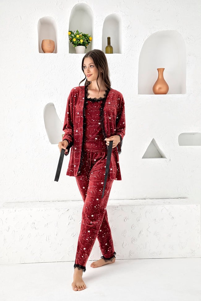 Kadın Bordo Yıldız Baskılı Fransız Kadife Ip Askılı Altı Uzun Sabahlıklı 3'lü Pijama Takımı Set