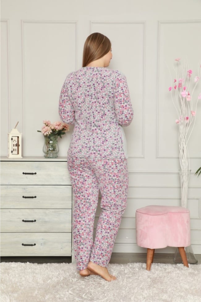 Kadın Büyük Beden Kalp Işlemeli Peluş Polar Pijama Takımı