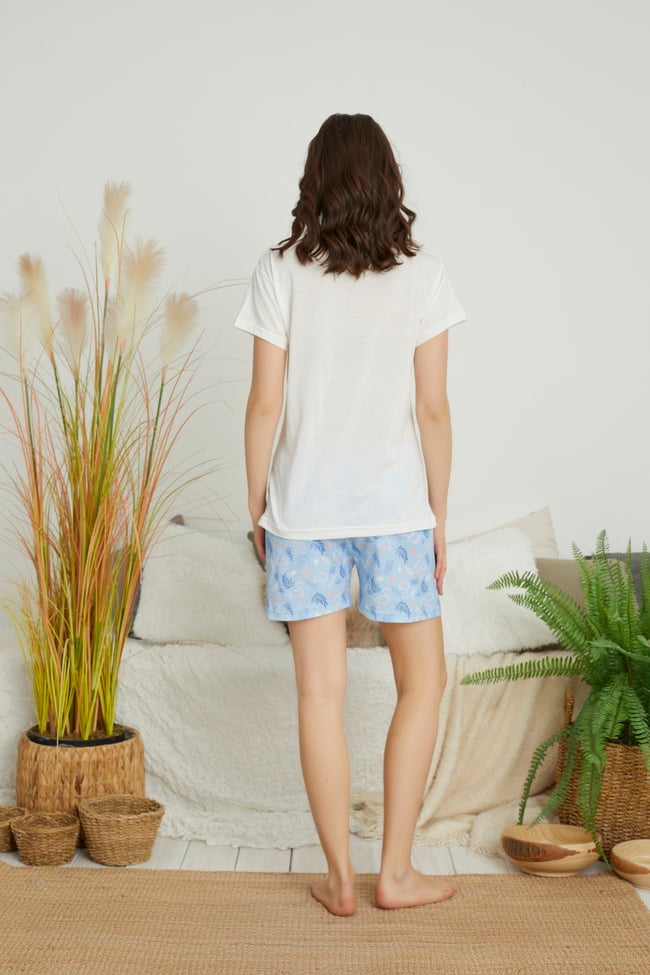 Kadın Ekru Flamingo Baskılı Kısa Kollu Şortlu Pijama Takımı.