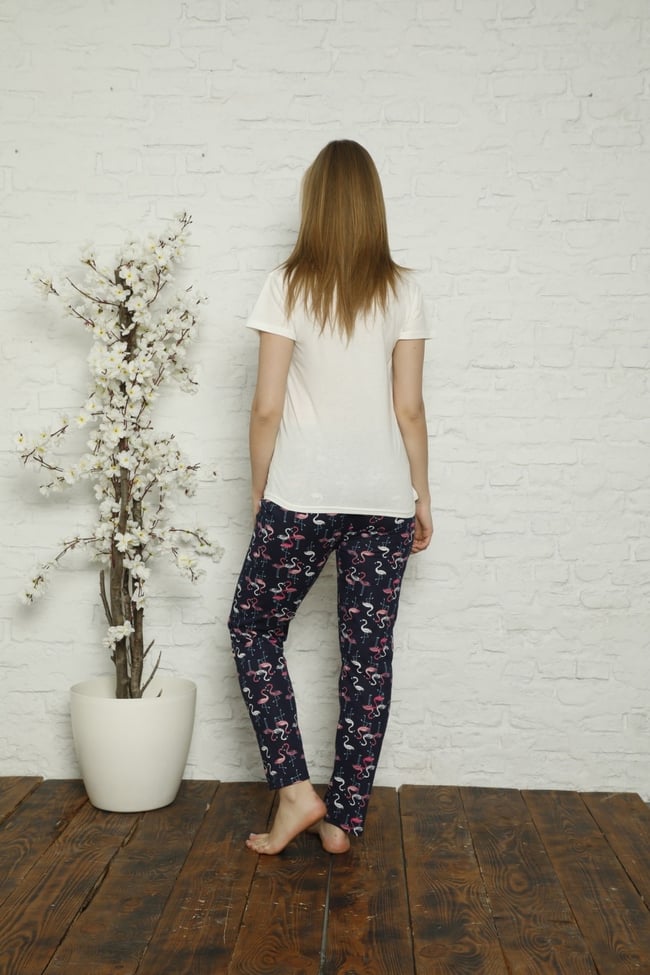 Kadın Ekru Flamingo Desenli Pijama Takımı