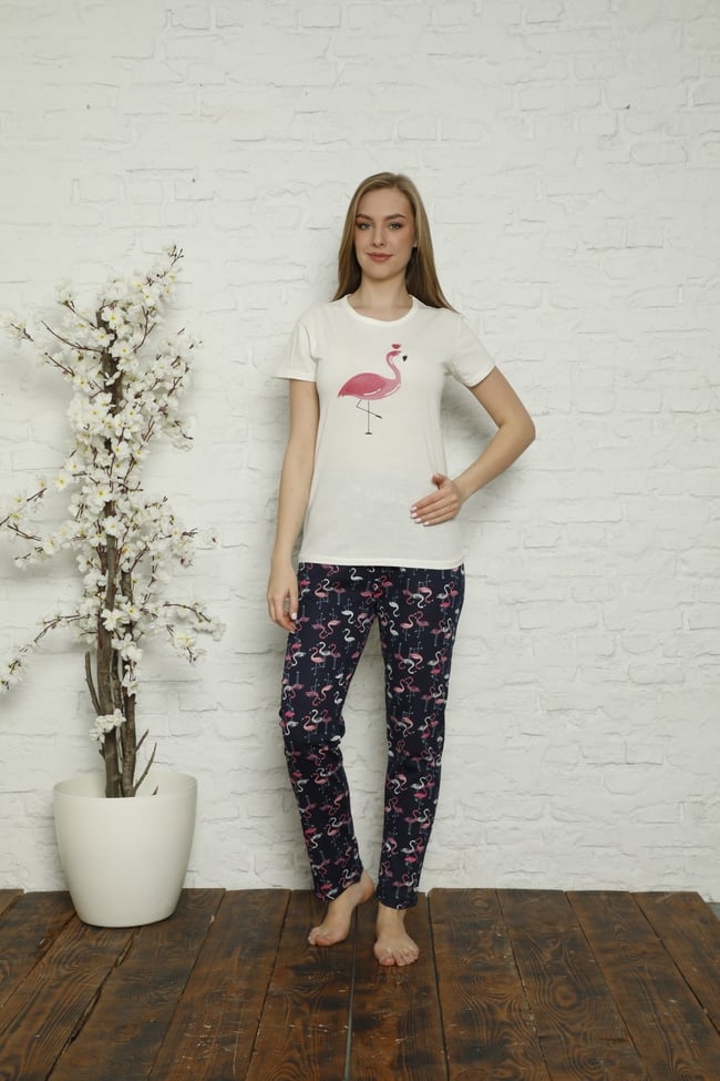Kadın Ekru Flamingo Desenli Pijama Takımı