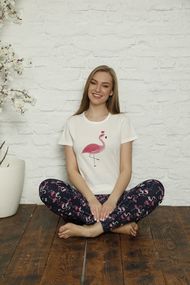 Kadın Ekru Flamingo Desenli Pijama Takımı