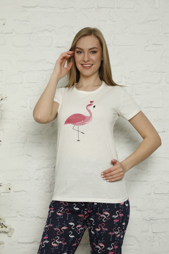 Kadın Ekru Flamingo Desenli Pijama Takımı
