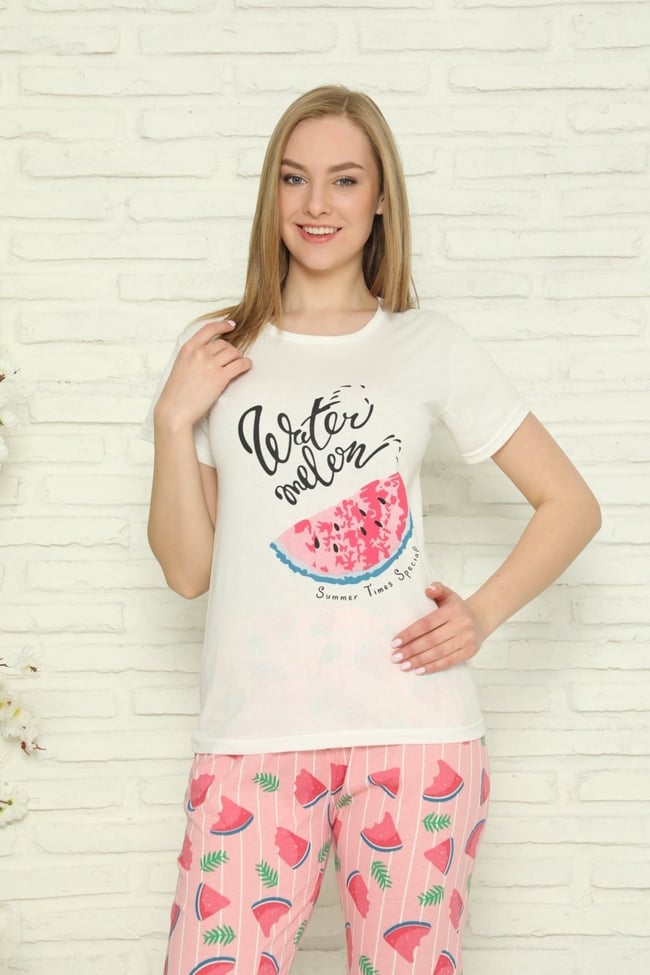 Kadın Ekru Karpuz Desenli Desenli Pijama Takımı