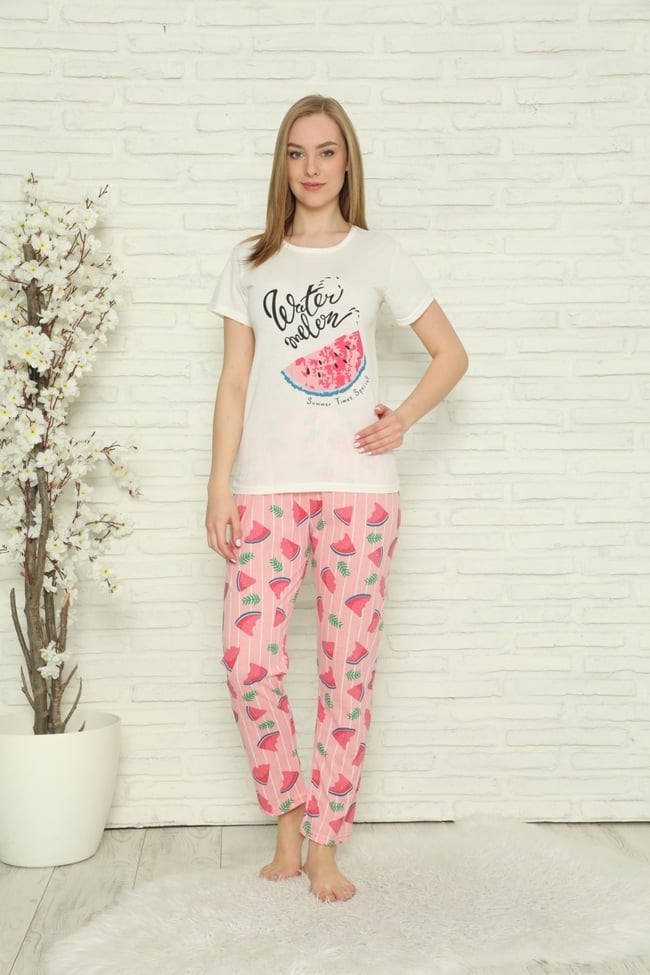 Kadın Ekru Karpuz Desenli Desenli Pijama Takımı