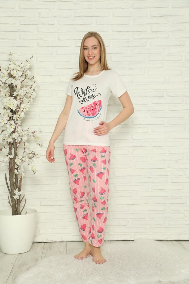 Kadın Ekru Karpuz Desenli Desenli Pijama Takımı