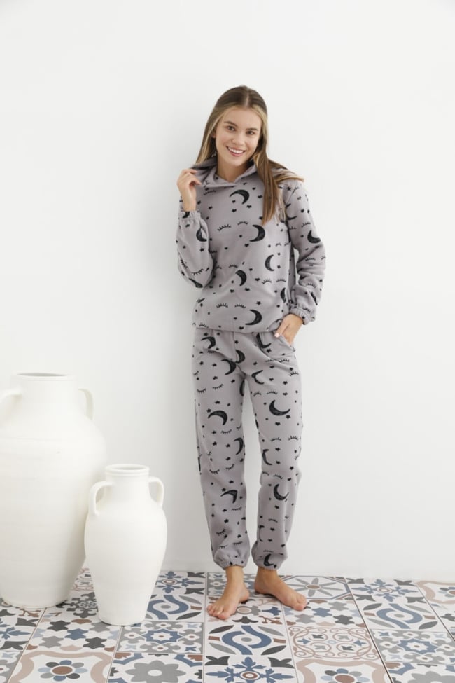 Kadın Füme Ayyıldız Göz Desenli Kapüşonlu Polar Eşofman Pijama Takımı