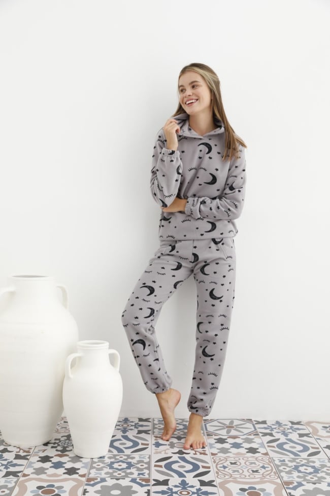 Kadın Füme Ayyıldız Göz Desenli Kapüşonlu Polar Eşofman Pijama Takımı