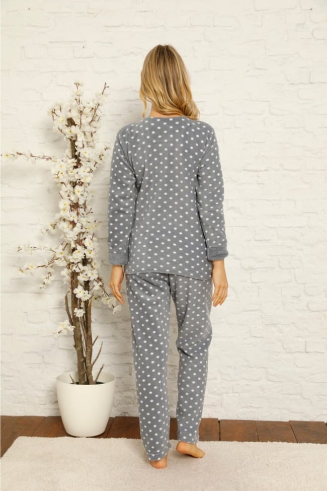 Kadın Füme Kedicik Desenli Puanlı Polar Peluş Pijama Takımı